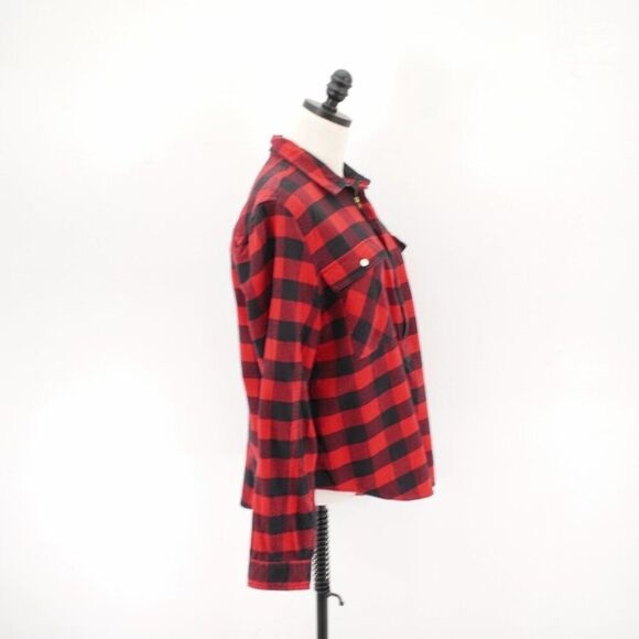 J. Crew Flannel Red Black Plaid Collared Shirt Jacket Large Zip + Pockets Cotton - Picture 7 of 9